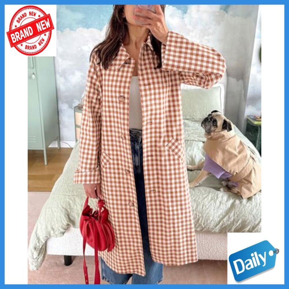 Women's Long Trench Coat Plaid Barn Jacket Single Breasted Casual Outerwear - Picture 2 of 7
